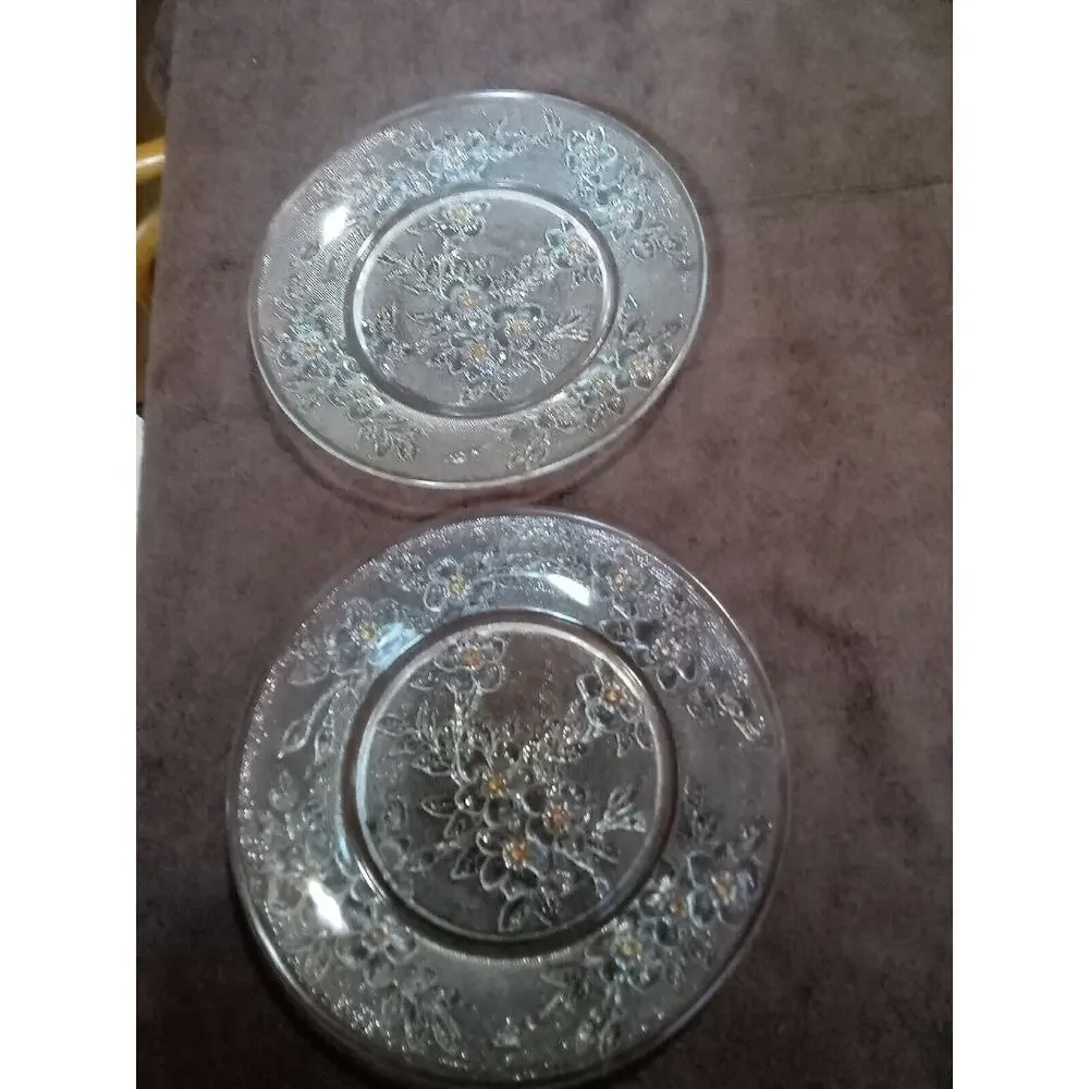 Vtg Rerverse Pressed Glass Plates~CLEAR with colored Flowers 8 1/4